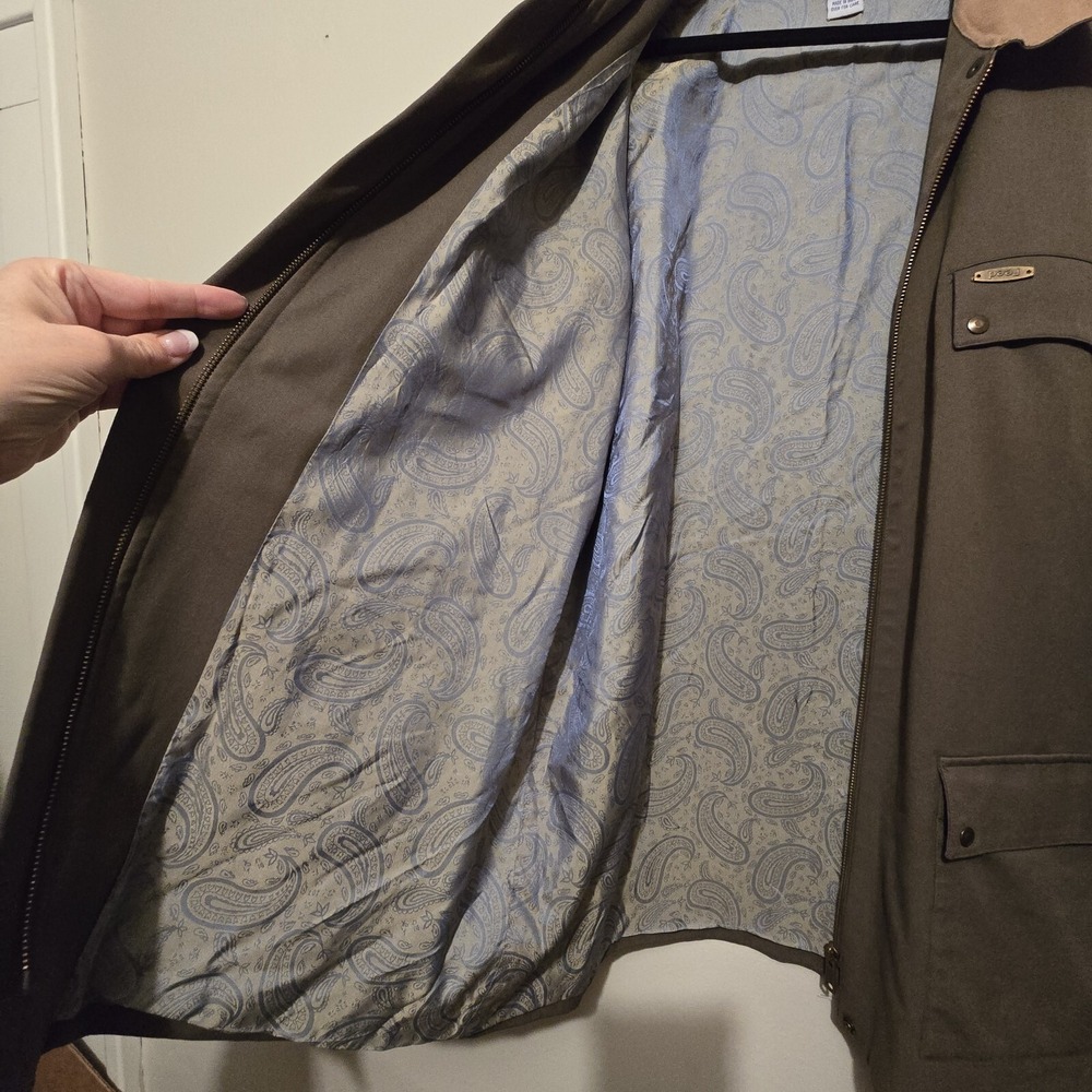 Austin Reed Field Jacket XL‎ Chore Barn Coat Olive Leather Collar Elbow Gorpcore - Picture 15 of 16